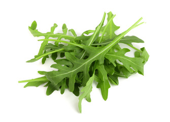 Heap of Green fresh rucola or arugula leaf isolated on white background
