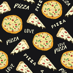 Pizza seamless pattern hand drawn sketch. Pizza slice doodles and words pizza love Food background. Vector illustration