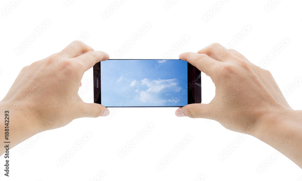 Aufkleber hands holding mobile smart phone with sky in screen. cloud computing concept