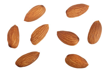 almonds isolated on white background without a shadow close up. Top view