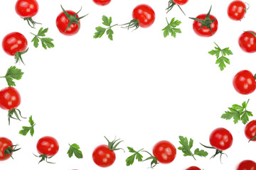 Cherry small tomatoes with parsley leaves isolated on white background with copy space for your text. Top view. Flat lay