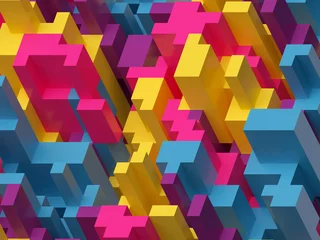 Fotobehang Minecraft 3d render, digital illustration, pink yellow blue, colorful abstract background, voxel pattern  © wacomka