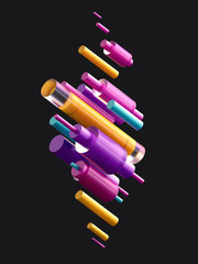 3d render, digital illustration, colorful cylinder, black pink blue yellow abstract background, geometric shapes