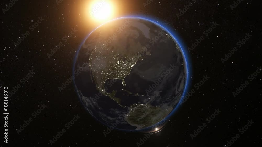 Wall mural space view on planet earth and sun star rotating on axis in black universe. seamless loop with day a