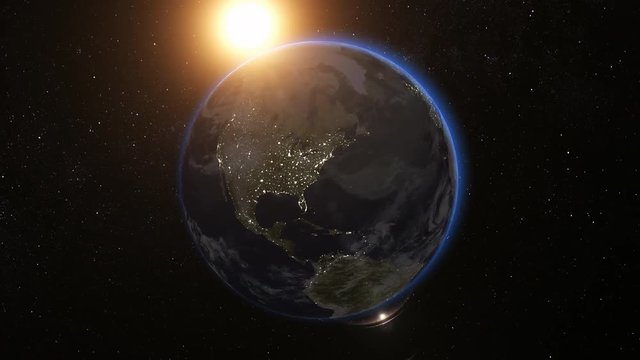 Space view on Planet Earth and Sun Star rotating on axis in black Universe. Seamless loop with day and night city lights. High detailed 4k, 3D Render animation. Elements of image furnished by NASA