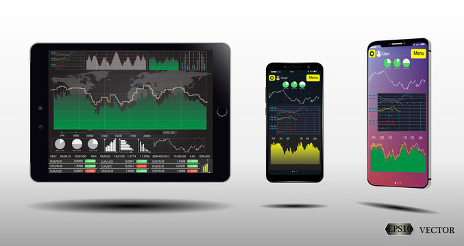  Tablet PC, Smart Phone Screens With Financial Charts and Graphs.Set Infographics . Eps10