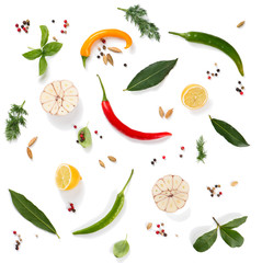  Colorful spices and herbs, above view.