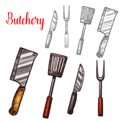 Butchery knives cutlery sketch vector icons
