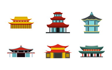 Asian castle icon set, flat style