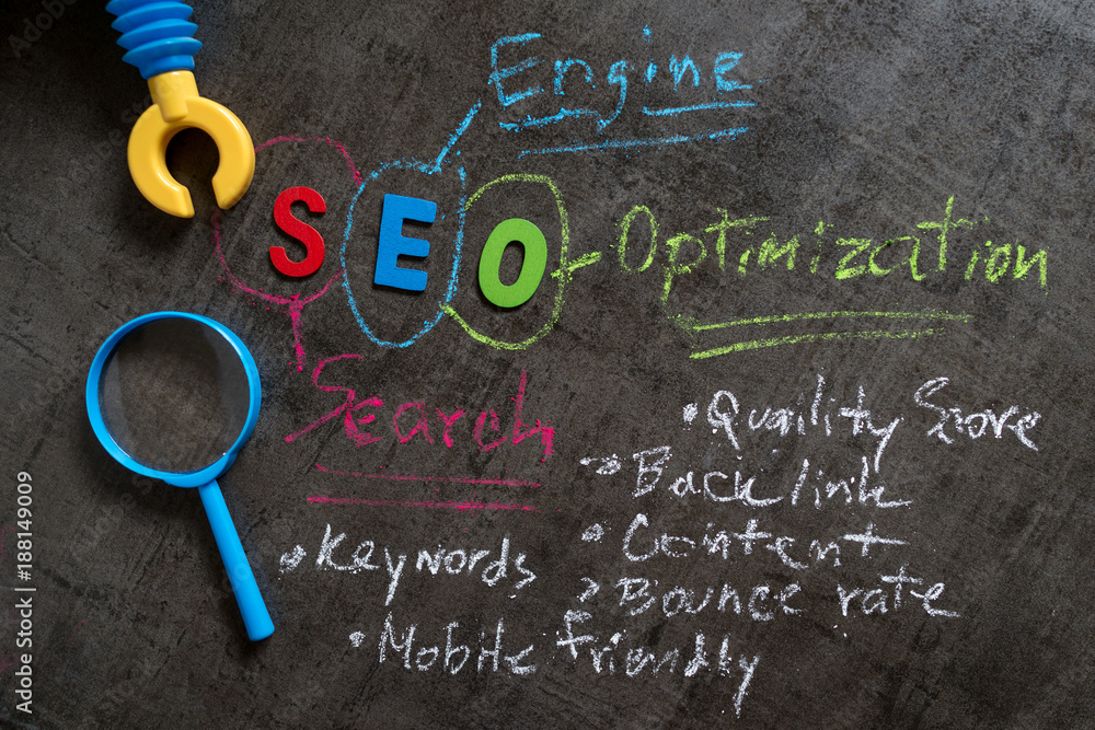 Aufkleber seo search engine optimization concept as colorful alphabet seo, handwriting explanation with color 
