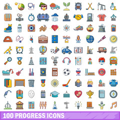 100 progress icons set, cartoon style 