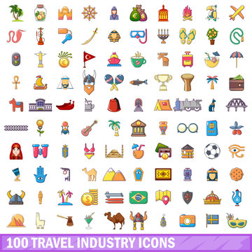 100 travel industry icons set, cartoon style 