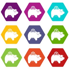 Fototapeta premium Pig money box icon set color hexahedron