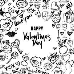 Valentines day vector greeting card. Black and white doodle frame and hand drawn letters. Design for holiday poster.