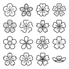 Sakura icons. Collection of 16 linear Japanese cherry blossom symbols isolated on a white background. Editable stroke. Vector illustration