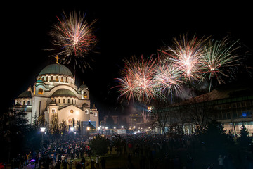 Belgrade, Serbia,Europe - January 14, 2018: Orthodox New Year's Eve celebration whit fireworks over the Church of Saint Sava at midnight in Belgrade, Serbia on January 14, 2018 