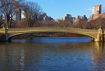 Fototapeta na wymiar Bow Bridge at sunny morning in Central Park, New York City. Landscape of the park with lake and urban Manhattan skyscrapers on horizon in winter.