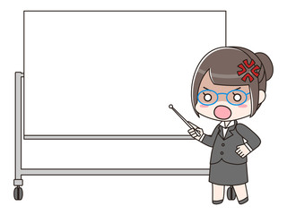 ホワイトボードの前に立って怒っている女性