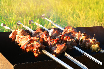 appetizing shish kebab on holiday, meat, pork