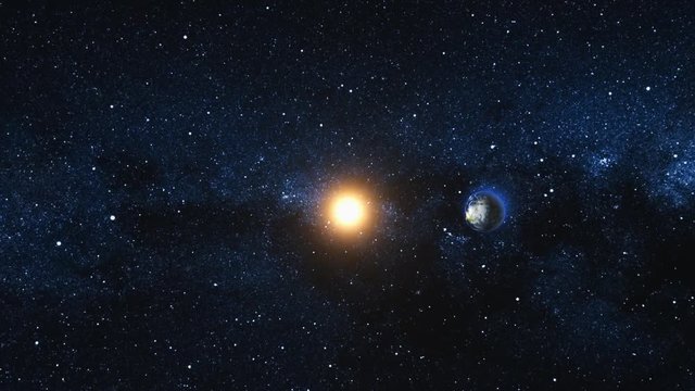 Space view on Planet Earth and Sun Star approach and rotating in black Universe. Seamless loop with day and night city lights. High detailed 4k, 3D Render animation. Element of image furnished by NASA