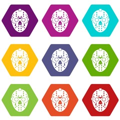 Goalkeeper mask icon set color hexahedron