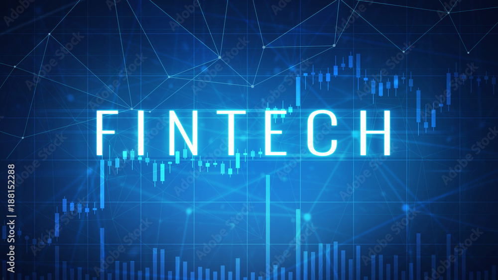 Poster fintech financial technology wording on futuristic hud background with cryptocurrency stock market c