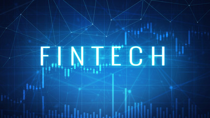 Fintech financial technology wording on futuristic hud background with cryptocurrency stock market chart and blockchain polygon peer to peer network. Global cryptocurrency business banner concept.