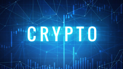 Crypto wording on futuristic hud background with cryptocurrency stock market chart and blockchain polygon peer to peer network. Global cryptocurrency business banner concept.