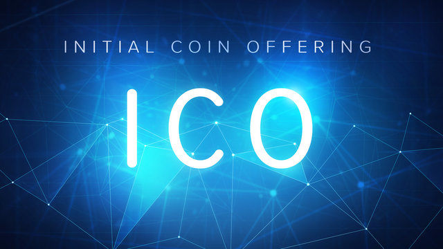 ICO initial coin offering futuristic hud background with world map and blockchain polygon peer to peer network. Global cryptocurrency ICO coin sale event - blockchain business banner concept.