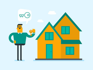 Happy caucasian white homeowner showing key to a new house. Young smiling real estate agent with key standing on the background of house. Vector cartoon illustration.