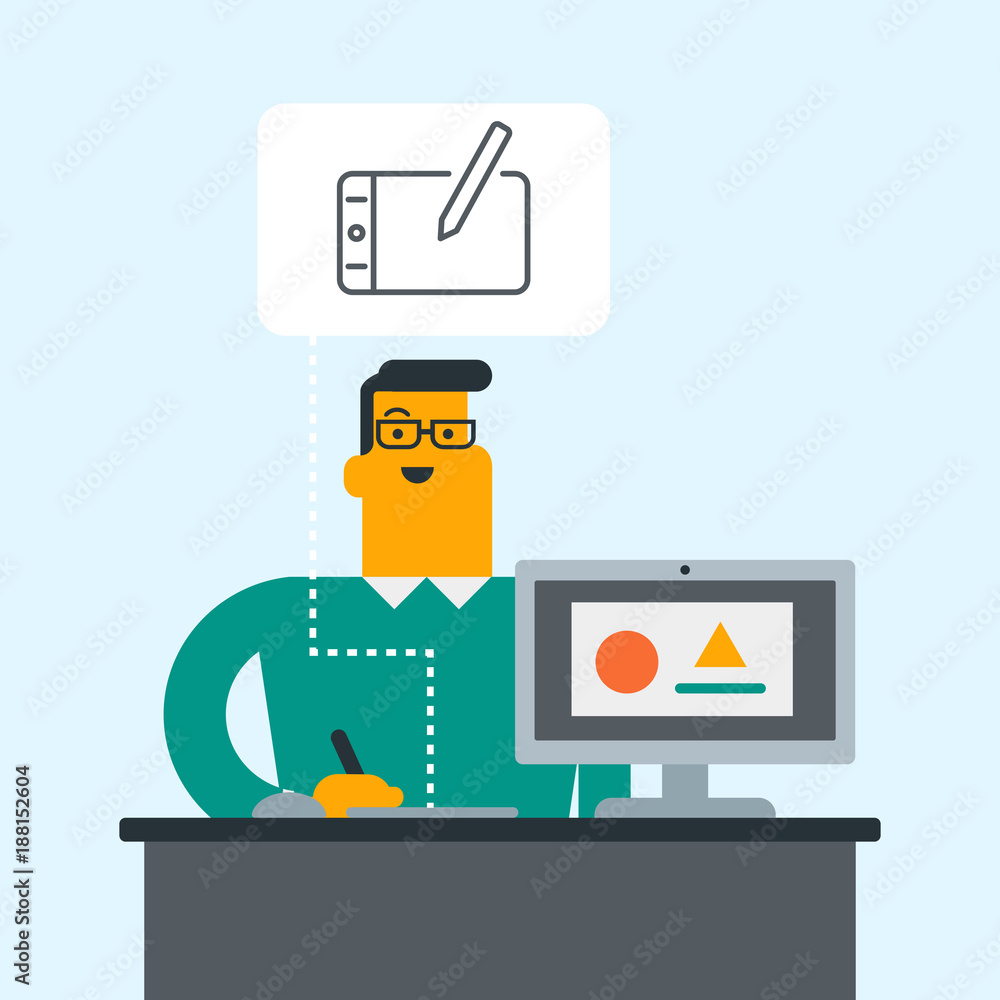 Poster caucasian white graphic designer drawing on a graphics tablet. young graphic designer using a digita