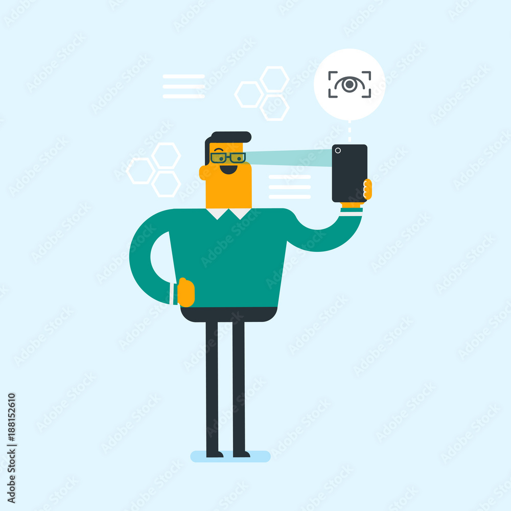 Poster caucasian white man using a smart mobile phone with retina scanner. young happy man using iris scann
