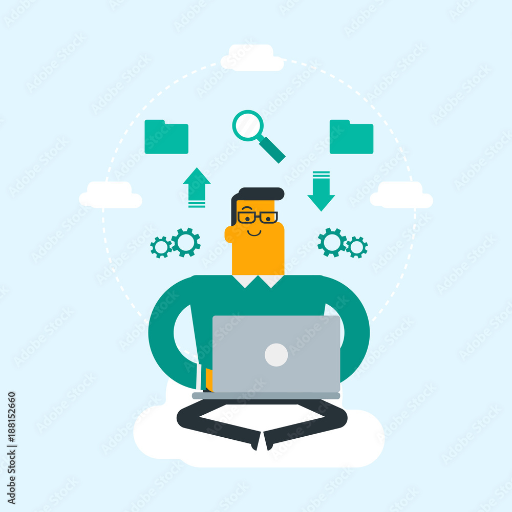 Poster young caucasian white businessman sitting on the cloud and working on a laptop. businessman using cl