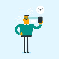 Caucasian white man using a smart mobile phone with retina scanner. Young happy man using iris scanner to unlock his mobile phone. Vector cartoon illustration. Square layout.