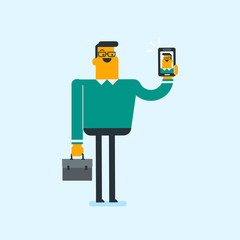 Young caucasian white smiling man holding briefcase and ringing mobile phone in hands. Full length of cheerful businessman showing a ringing cellphone. Vector cartoon illustration. Square layout.