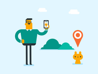 Young caucasian white man playing with his mobile phone outdoor. Cheerful man playing action game on a smartphone. Man using a smartphone for playing games. Vector cartoon illustration. Square layout.