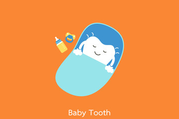 baby tooth sleep on blue bed - first teeth concept