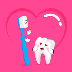 Cute cartoon toothbrush and tooth in love. Dental care concept. Happy valentine's day. Illustration with background of heart.