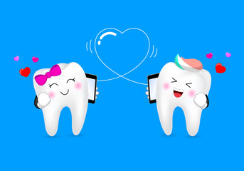 Cute cartoon tooth character, boy and girl talking on the phone. Love emotion, happy valentine's day. Illustration isolated on blue background.