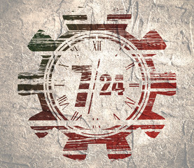 Time operation mode in gear. For customer support and retail. Seven days twenty four hour. Grunge texture