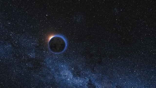 Space view on Planet Earth and Sun Star rotating on axis in black Universe. Seamless loop with day and night city lights. High detailed 4k, 3D Render animation. Elements of image furnished by NASA