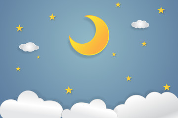 Half moon, clouds and stars in the night as paper art and craft style concept. vector illustrator.