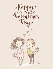 Vector cute sketchy style younge couple. Valentine's card. Happy