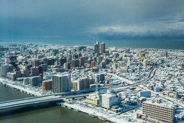 Fototapeta na wymiar 大雪の新潟市内の展望