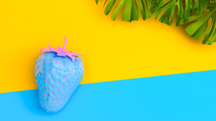 blue strawberry on orange background and tropical leaves.Valentines day.3d rendering. 3d illustration.bussiness concept.