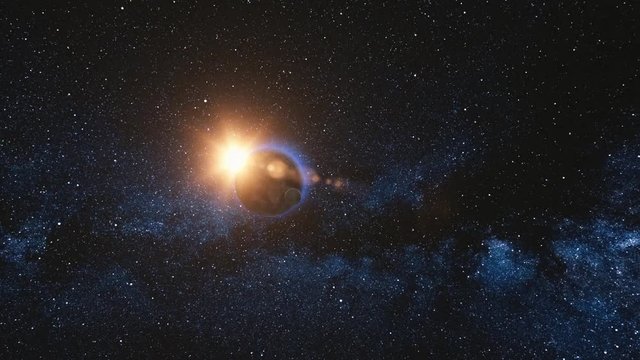 Sunrise view from space on Planet Earth and Moon rotating in space. Blue sky Milky Way with thousand stars in the background. Seamless loop. High detailed 4k, 3D. Elements of image furnished by NASA
