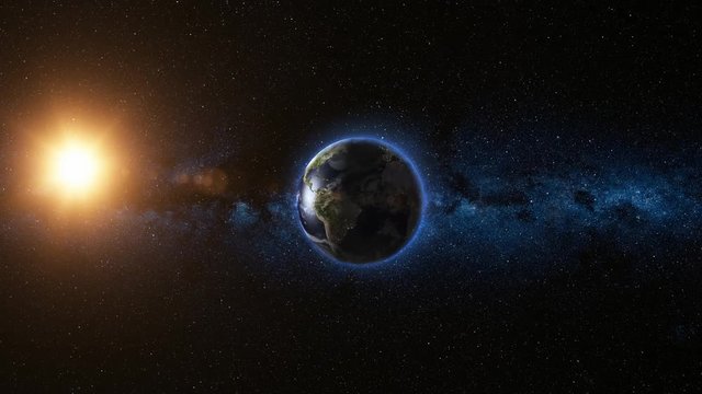 Realistic Earth, rotating in space against the background of the starry sky and the Sun. Seamless loop with day and night city lights. High detailed 4k, 3D Render. Elements of image furnished by NASA