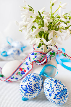 Czech traditional easter decoration, my own homemade painted easter eggs and snowdrops flowers