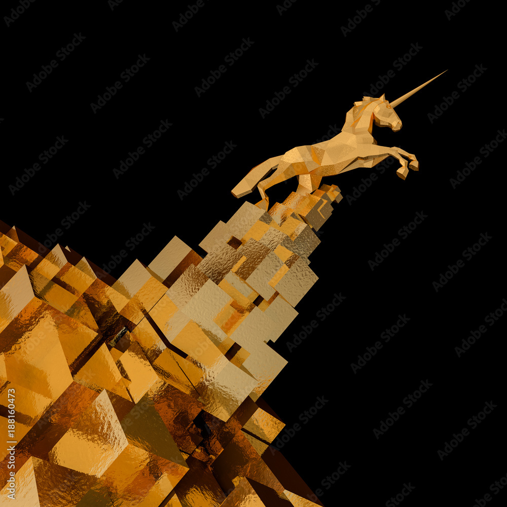 Wall mural unicorn on gold cube mountain . start up, illustration concept of leader on a market.3d rendering. 3d illustration.