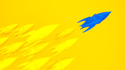Blue rocket lead yellow rocket  , start up, illustration concept of leader on a market.3d rendering. 3d illustration.